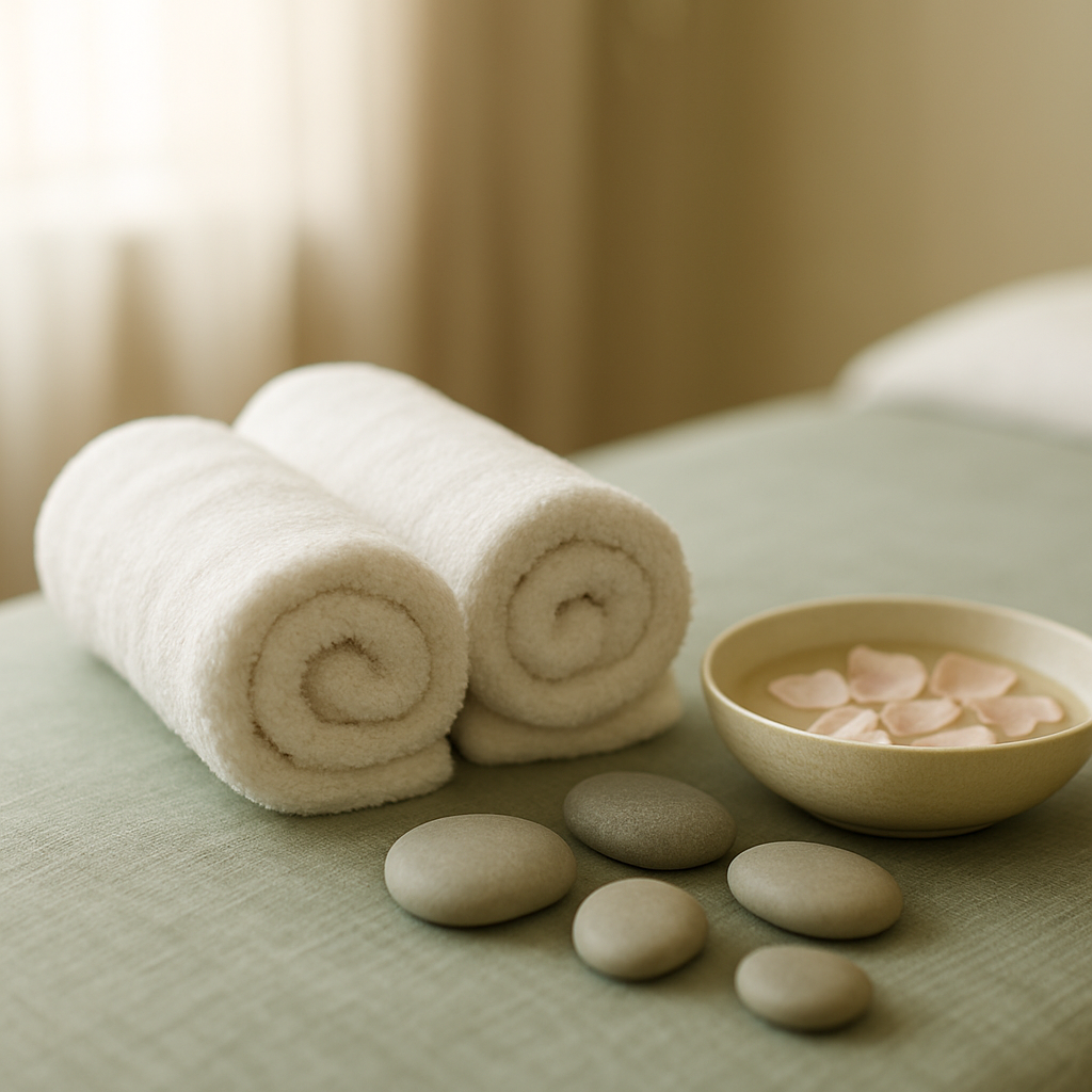 Spa massage table with towels and river stones
