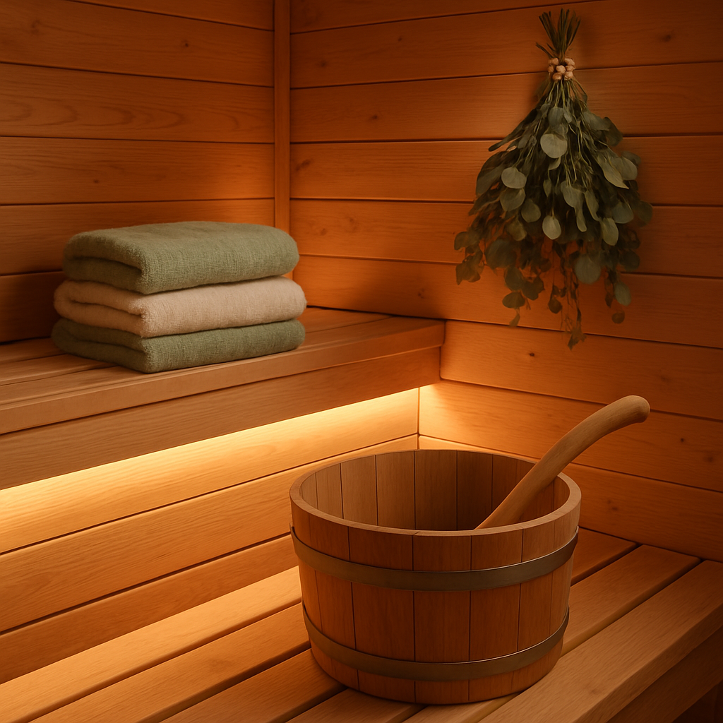 Warm wooden spa sauna interior with towels